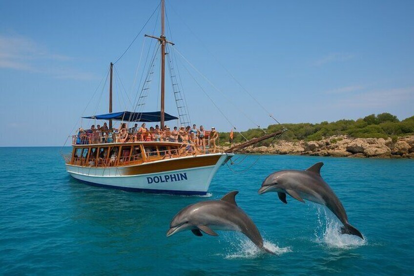 A boat named 'DOLPHIN' with people on board and dolphins jumping out of the water. 1