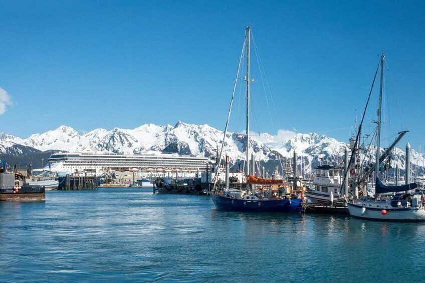 Un port avec des bateaux, un navire de croisière et, au loin, des montagnes enneigées. 5