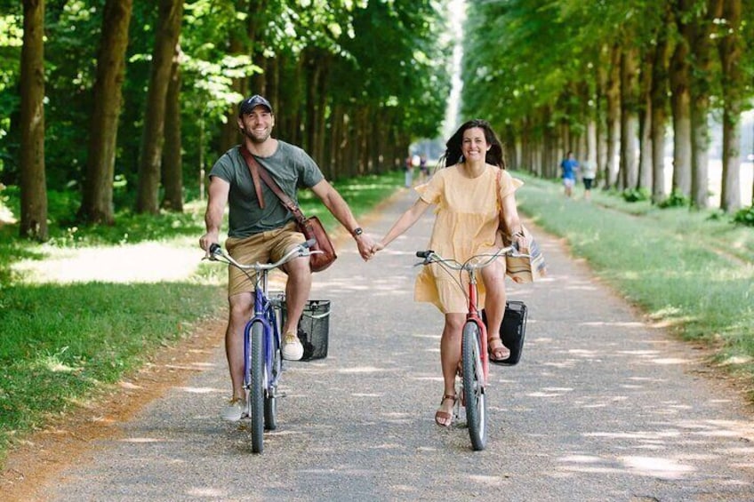 Twee mensen op fietsen, hand in hand, op een pad met bomen. 5