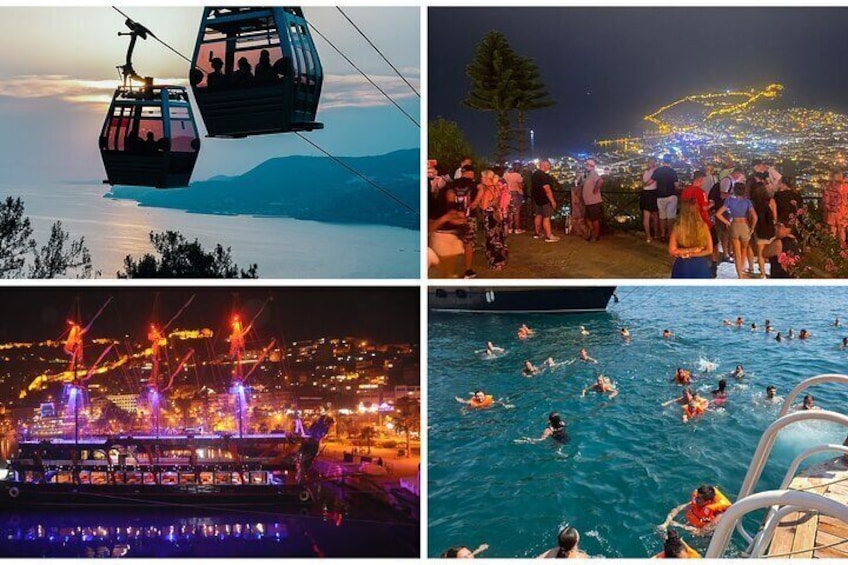 A cable car, a crowded waterfront, a boat with lights, and people swimming in a pool. 1
