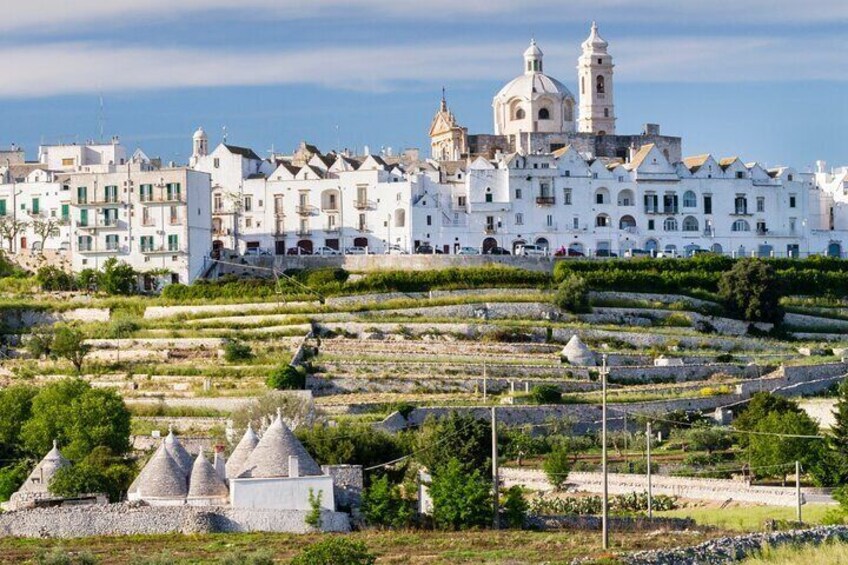 A coastal town with white buildings, a prominent church with a dome, and terraced fields. 5