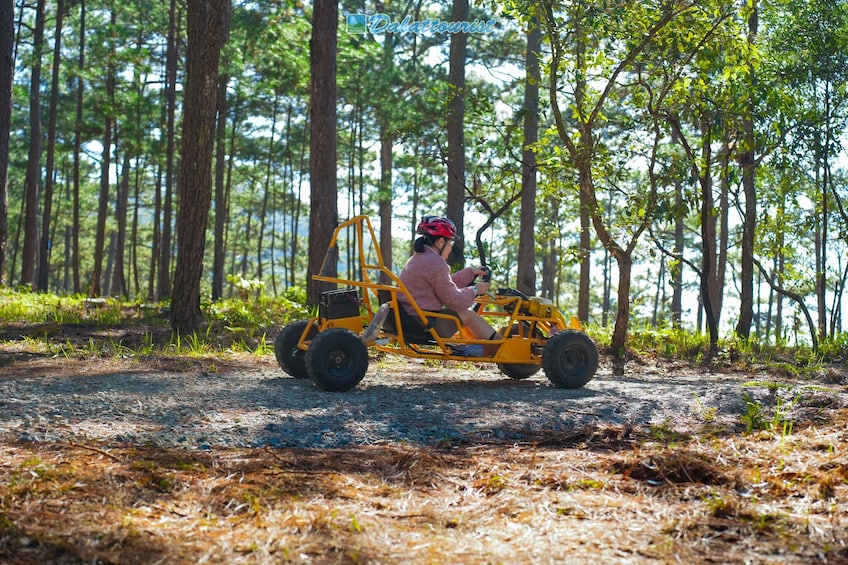 Henkilö ajaa keltaisella maastoajoneuvolla metsäisellä alueella, jossa on korkeita puita ja sorapohjainen polku. 3