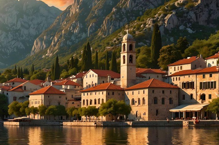 A coastal town with red-roofed buildings, a prominent tower, and a calm body of water reflecting the structures. 2