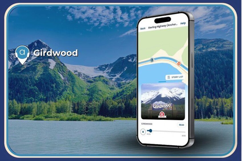 A smartphone displaying a map with a location marker labeled 'Girdwood' and a scenic view of mountains and a lake. 3