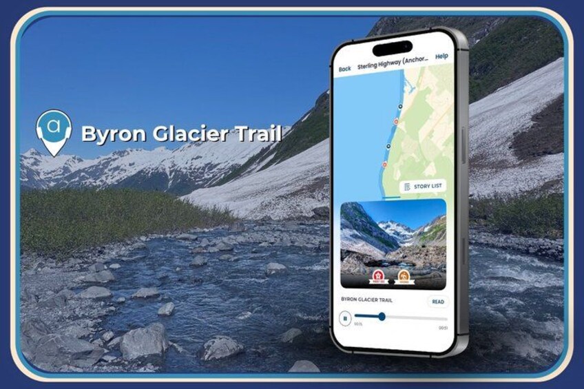 A smartphone displaying a map of the Byron Glacier Trail with a scenic mountainous landscape in the background. 4