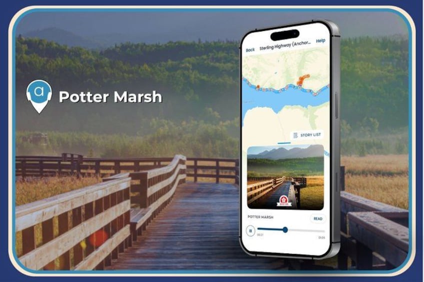 A smartphone displaying a map with a location marker labeled 'Potter Marsh.' 5