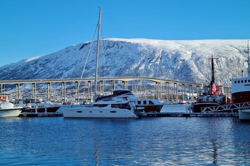 A harbor with boats, a bridge, and a snow-covered mountain in the background. 3