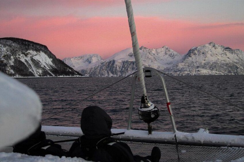 Eine verschneite Landschaft mit Bergen und einem Gewässer. 4
