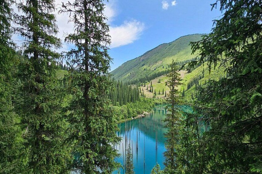 A lake surrounded by dense forest and hills. 2
