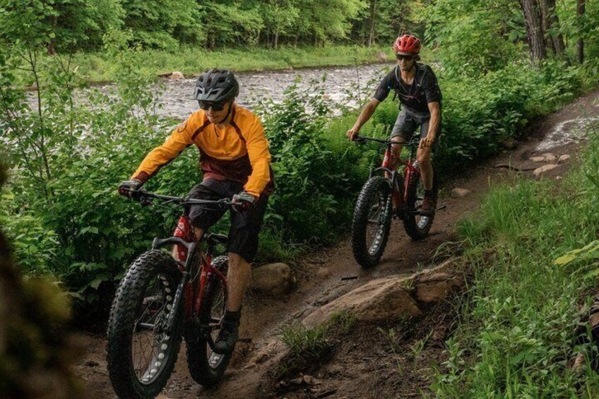 Two mountain bikers on a dirt trail surrounded by greenery. 2