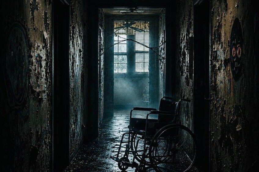 Un couloir sombre et délabré, aux murs dont l’enduit s’écaillait, avec un fauteuil roulant et une fenêtre au fond. 3