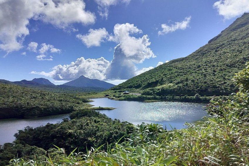A lake surrounded by lush greenery and mountains under a clear sky. 1
