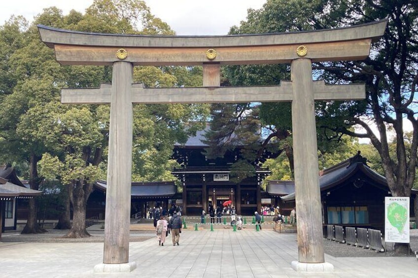 En traditionel japansk torii-port i en park med en pagode i baggrunden. 1