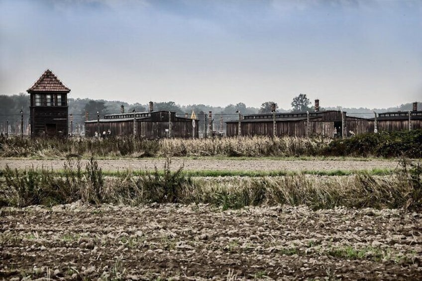 Une structure en bois délabrée, surmontée d’une tour de guet, entourée d’une végétation luxuriante et donnant sur un champ désolé. 1