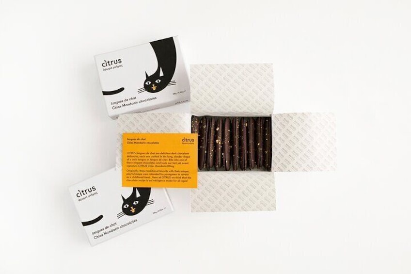Three boxes of citrus chocolate with a black cat design. 5