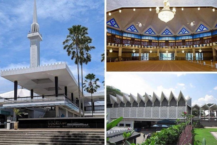Eine Moschee mit einem hohen Minarett, einem großen überdachten Auditorium und einem modernen Gebäude mit einem einzigartigen Dachdesign. 4