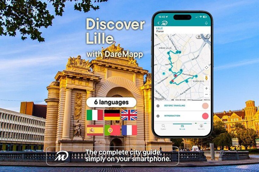 A smartphone displaying a map with a city guide, surrounded by a historic building and flags. 1