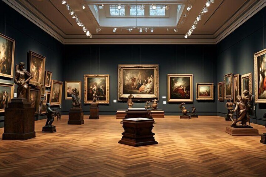 An art gallery with wooden floors and ceiling skylights. 2