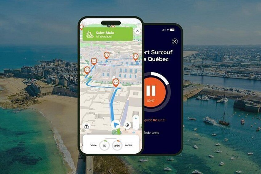 A smartphone displaying a map with Saint-Malo and a coastal cityscape. 1