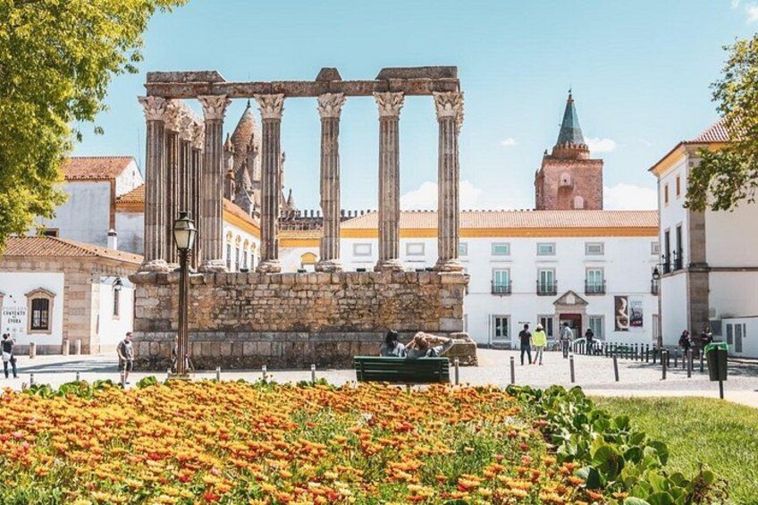 Ancient ruins with columns, a flower garden, and a building with a clock tower. 1