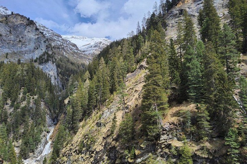 Un paisaje montañoso con densos bosques de coníferas, terreno rocoso y una cascada visible. 3