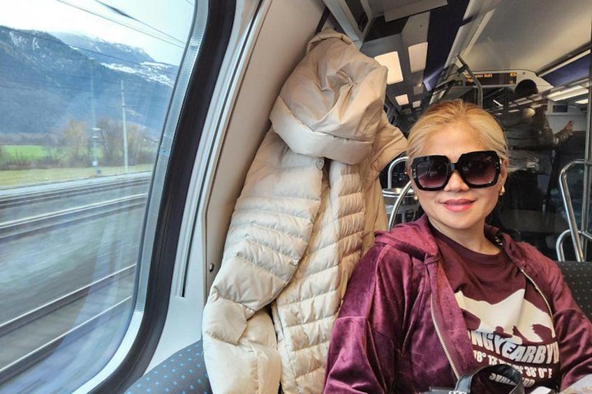 A person seated in a train carriage with a view of a mountainous landscape outside the window. 1