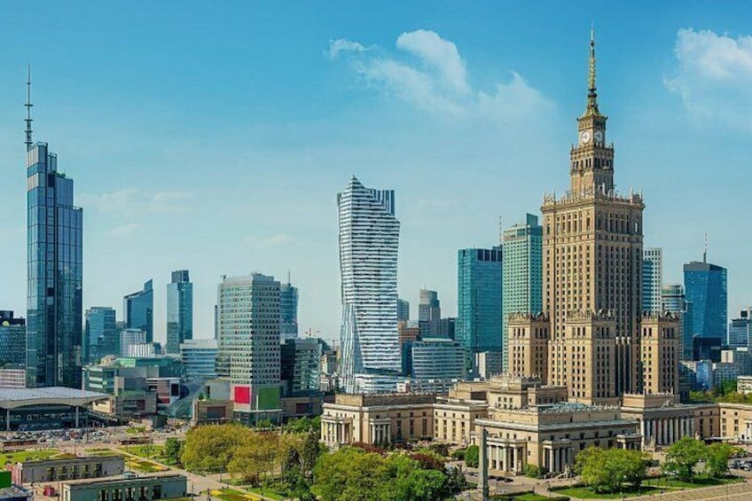 A city skyline with modern skyscrapers, a historic building with a clock tower, and a mix of greenery. 3