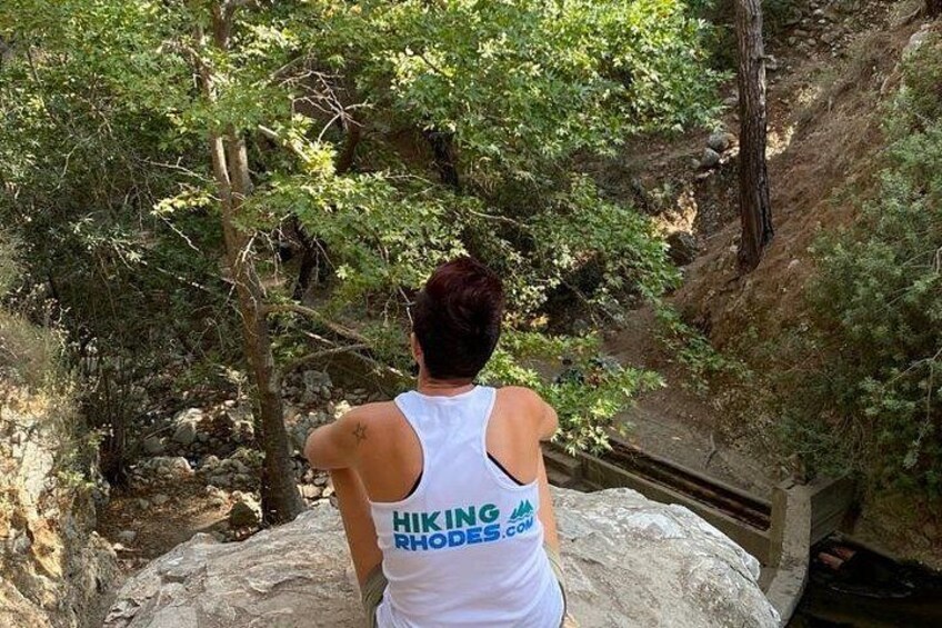 A person hiking in a wooded area with a rocky path. 2