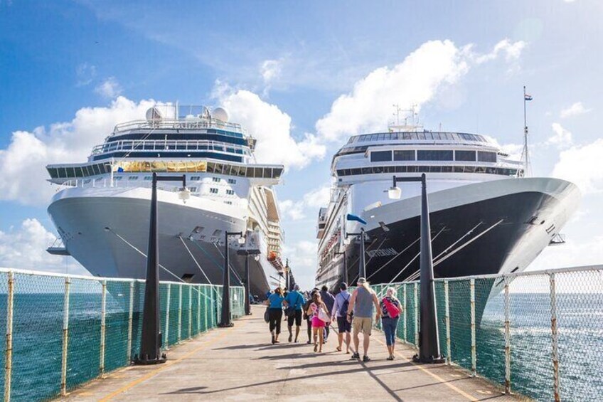 Dos grandes cruceros atracados en un puerto, con gente caminando sobre un muelle. 4
