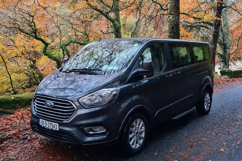 A dark-colored Ford van parked on a road with autumn leaves and trees in the background. 2