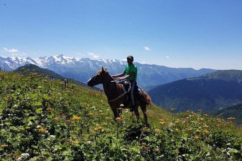 A person riding a horse on a grassy hill with mountains in the background. 3