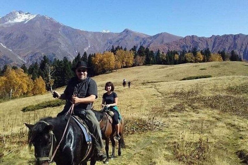 A person riding a horse on a grassy field with mountains in the background. 3