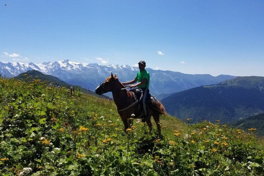 A person riding a horse on a grassy hill with mountains in the background. 4