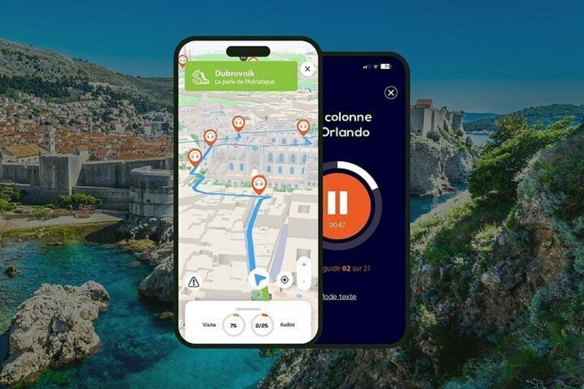 A smartphone displaying a map with a location marked as 'Dubrovnik La perle de l'Adriatique' and a playback screen for a video titled 'colonne Orlando' with a duration of 00:47. 1