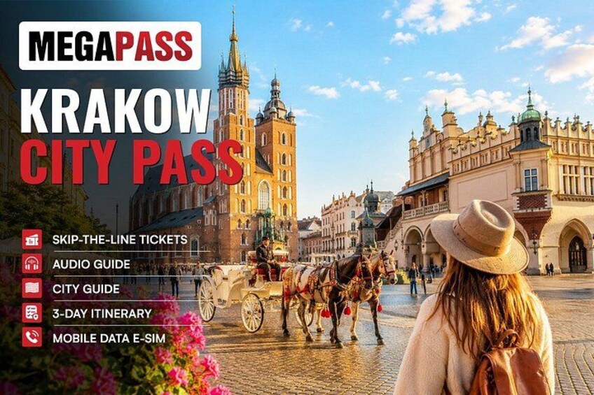 A city pass for Krakow, featuring a horse-drawn carriage and historic architecture. 1