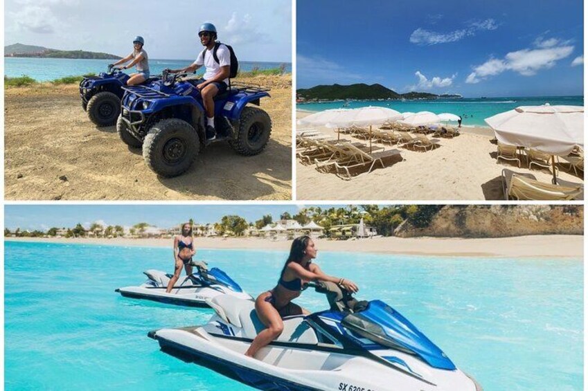 A beach with ATVs, a clear blue sea, and a sandy shore with umbrellas. 1