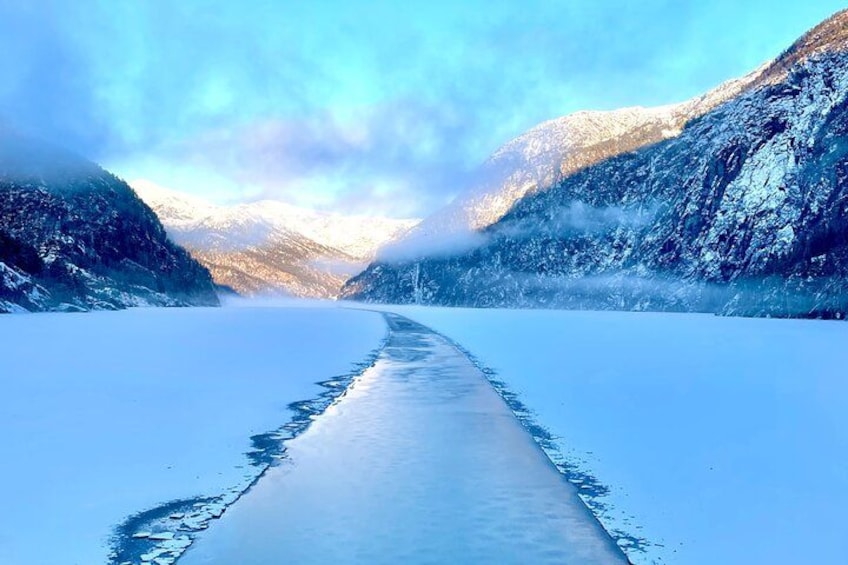 Un río congelado rodeado de montañas nevadas bajo un cielo nublado. 1
