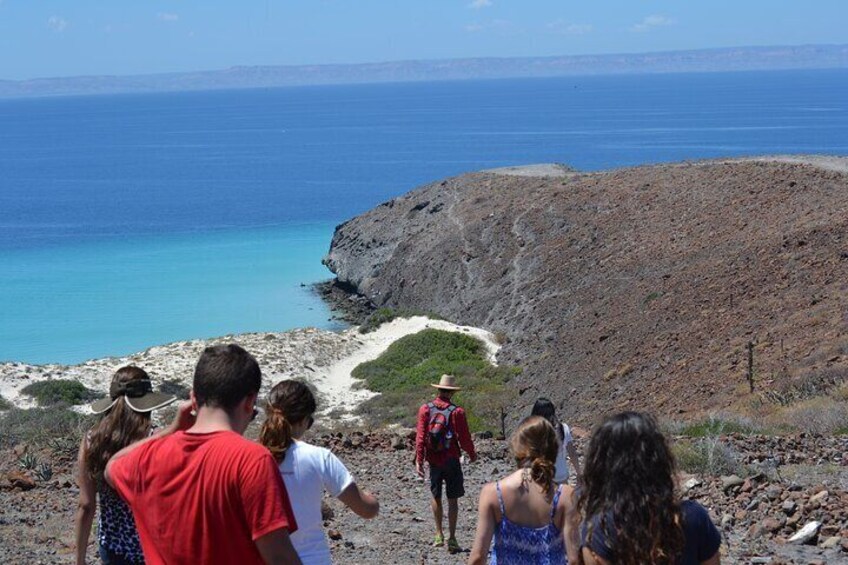 A group of people on a rocky path overlooking a coastal area with a clear blue sea. 4