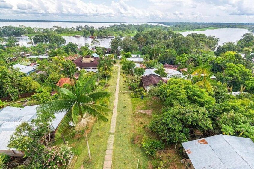 A tropical village with houses, palm trees, and a river. 2