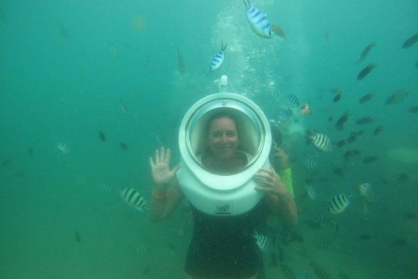 A person underwater with a snorkel mask, surrounded by fish. 4
