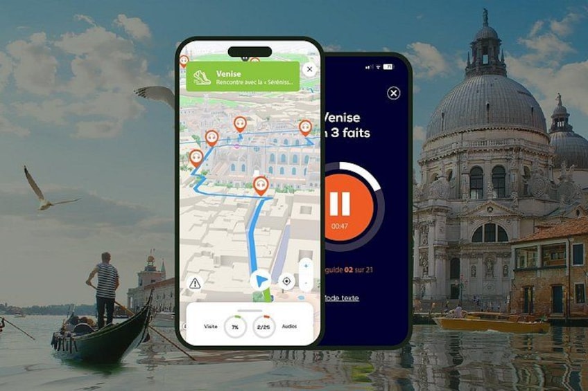 Un teléfono inteligente muestra un mapa con una ruta, una góndola y un edificio histórico. 1