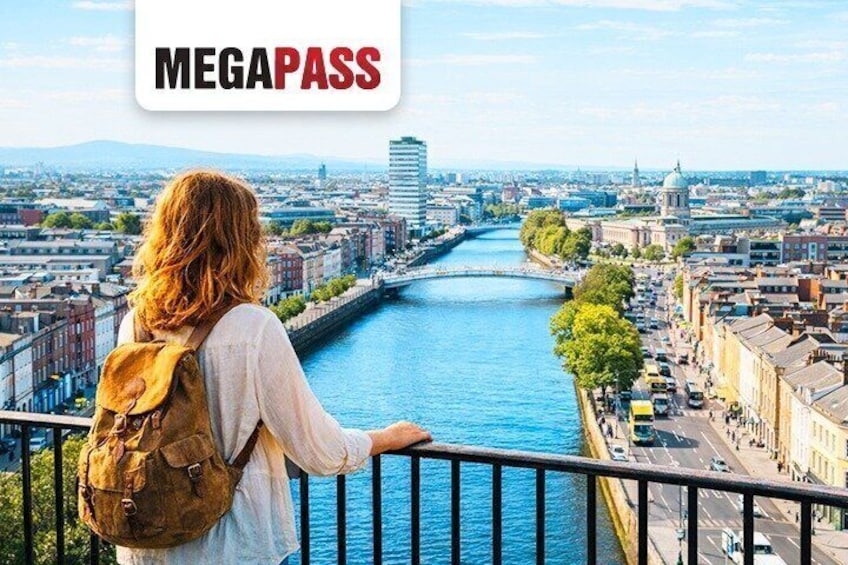 A person overlooking a cityscape with a river, buildings, and a bridge. 1