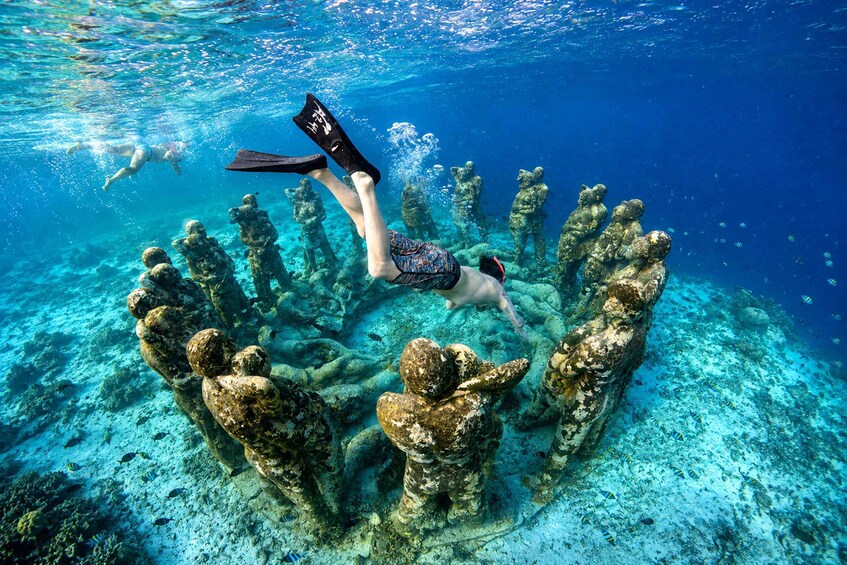 A diver swimming around a coral reef with a diver's mask and fins. 5