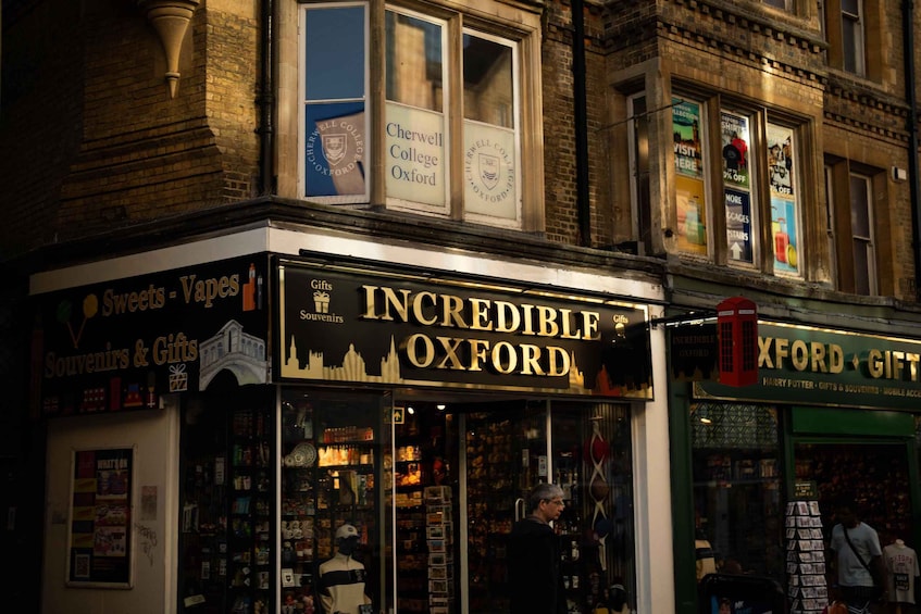 A storefront with 'Incredible Oxford' signage, a variety of souvenirs, and a 'Harry Potter' themed display. 4