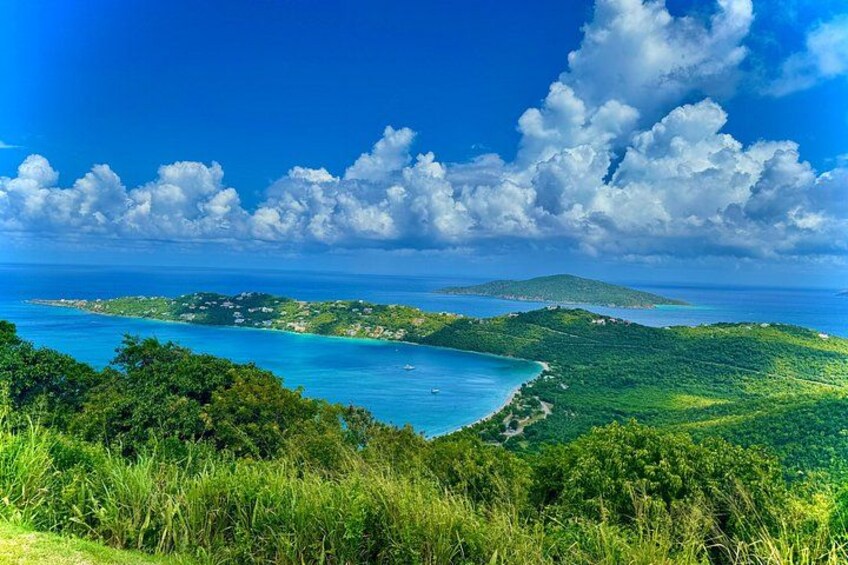A coastal landscape with lush greenery, a clear blue sea, and a distant island. 4