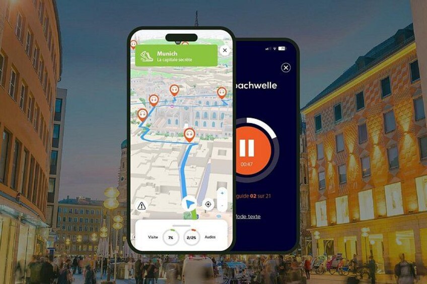 A smartphone displaying a map with a route marked by red pins, a play button, and a timer. 1