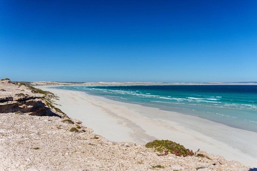 A beach with white sand and clear blue water. 3