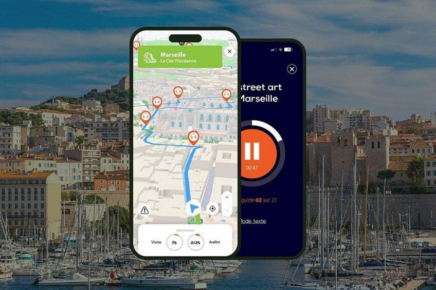 A smartphone displaying a map with a city view, a music player interface, and a marina with boats. 1
