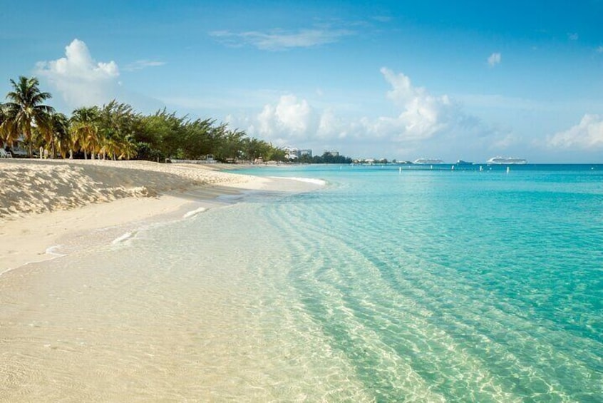 A beach with clear turquoise water, white sand, and palm trees. 2