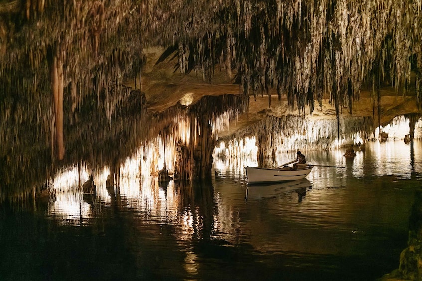 A cave with stalactites hanging from the ceiling and a boat on the water below. 1